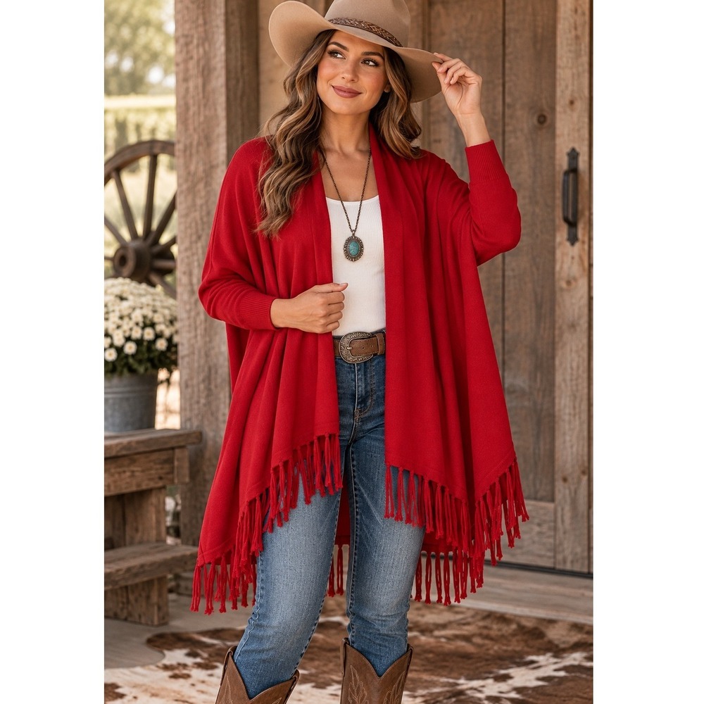 Joseph A Fringed Open Front Cardigan Womens Small Red Western Holiday Boho